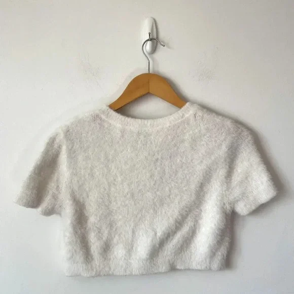 Aritzia Sunday Best Fuzzy Soft Cropped Effie Cardigan Short Sleeve White Small